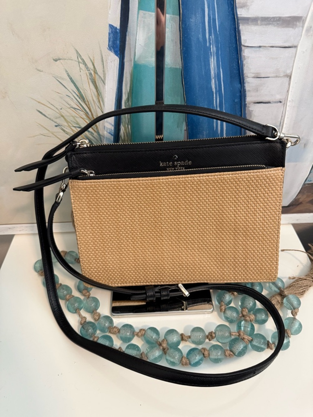 kate spade Black and Natural Straw Crossbody Pouch